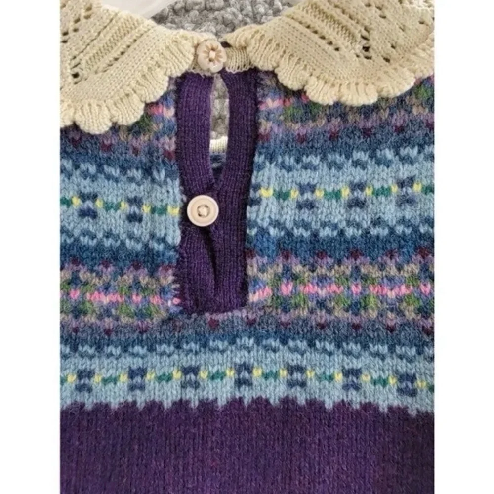 Ralph Lauren Purple Fair Isle Sweater with Cream Lace Collar